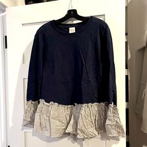 Cinq à Sept Navy and Striped Ruffle Top